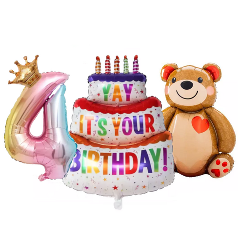 파파 파티 1m 케익 케이크 풍선 생일 파티, 1개, 케이크+곰돌이+왕관숫자4