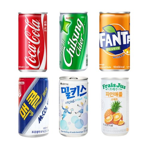 [한번에먹자쇼핑몰] 175~190ml 미니캔 음료 6종 혼합 각 5캔씩 / 코카콜라+맥콜+환타 오렌지+칠성사이다+밀키스+프레주 파인애플 / 총 30캔 + 사은품 카페베네 커피 2T, 30개, 175ml