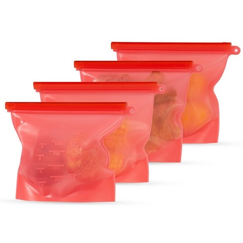 실리콘지퍼백 재사용가능 스탠딩 슬라이드백 냉장고정리 용기 1000ml, 레드, 2세트