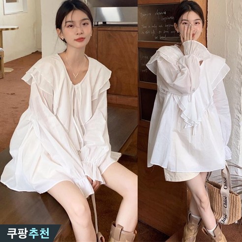 (대박난) 150kg까지 빅사이즈 여성 프릴넥 퍼프 리본 블라우스 봄 여름 편한 얇은 자외선 차단 긴팔 레이어드 이쁜곳 흰색 쉬폰 프릴 루즈핏 베이직 4xl 하프 브라우스