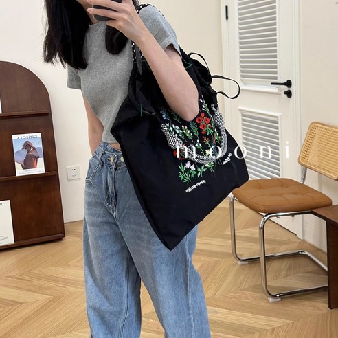 Sorpci 일본식 체인 에코백 자수 나일론 쇼퍼백 대용량 숄더백