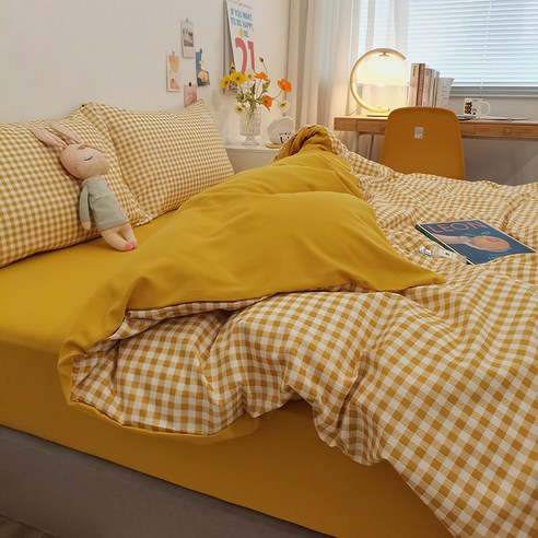 일본식 면화 솔리드 컬러 네 조각 세트 침대 시트 격자 무늬 이불 커버 세 조각 세트 침구 기숙사