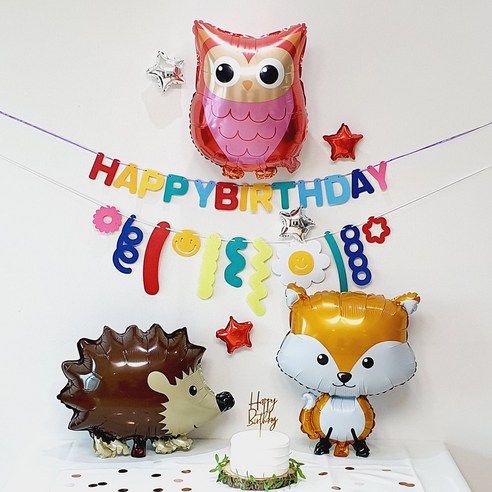 애니멀 동물 풍선 생일 파티 토끼 코끼리 부엉이 곰 너구리 기린, 고슴도치+여우