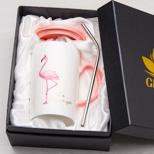 GU 창조적 인 컵 세라믹 뚜껑 숟가락 패션 커플 남성과 여성 가정 맞춤 우유 커피 컵, 플라밍고밀짚컵C(선물상자)
