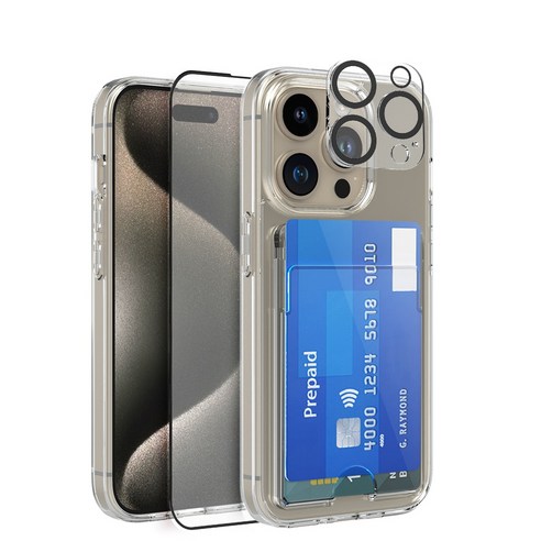 아이폰15 프로 색상  랩씨 아이폰15 프로 스타터 카드 케이스 세트(카드수납케이스+풀커버강화유리 2p+카메라강화유리 블랙링 2p)