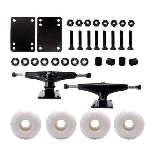 스케이트보드 패키지 52mm 휠 + 구성 요소가 있는 5인치 트럭 올드 스쿨 패턴과 뉴 스쿨 패턴 모두에 적합, 금속, 흰색 바퀴