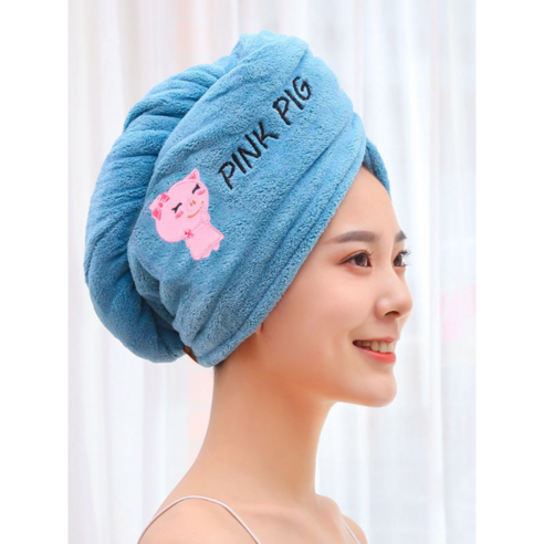 Women Girl Towels Bathroom Microfiber Towel Rapid Drying Hair Towel Magic Shower Cap Lady Quick-Dry, 1, Blue pig