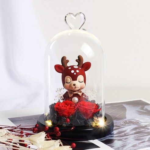 [LOVE MQ] 테디 베어 꽃 영원한 로즈 아름다움과 야수 말린 꽃 유리 돔 웨딩 홈 장식 생일 선물, 하나, Deer02-Red
