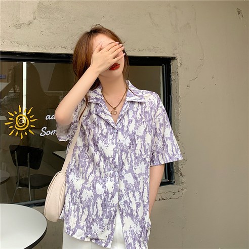 여름철 홍콩풍 빈티지 미니멀 디자인감 반팔 프린트 셔츠