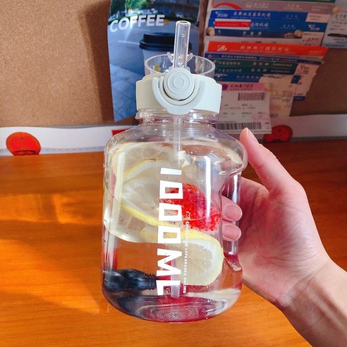 【휴대용 물병】물병 대용량 물 컵, 1L 화이트 투명 + 밀짚