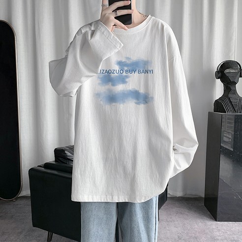 YANG 긴팔 티셔츠 남자의 한국어 스타일 유행 새로운 가을 인쇄 느슨한 대형 라운드 넥 기본 셔츠 스웨터