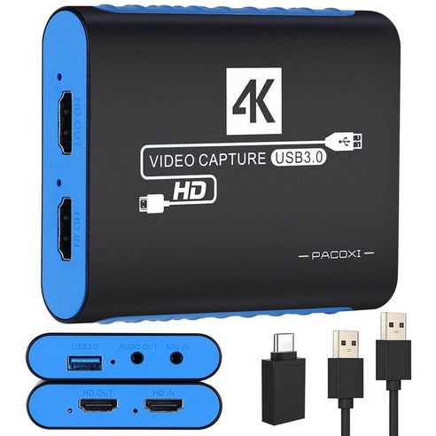 HDMI USB3.0 캡처 카드 4K 패스스루 포함 1080P 60FPS 오디오 비디오 USBC 윈도우맥 트위치유튜브틱톡 게임 라이브 스트리밍 및 녹화용 닌텐도 스위치 PS5PS4, Black