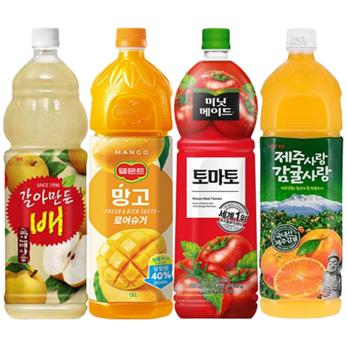 [한번에먹자] 1.5L 4종 과즙음료 혼합세트 ( 갈아만든배 + 델몬트 망고 + 미닛메이드 토마토 + 델몬트 제주사랑 감귤사랑 제주감귤 ) 사무실음료 가정용 업소용 당구장 식자재, 4개, 1500ml