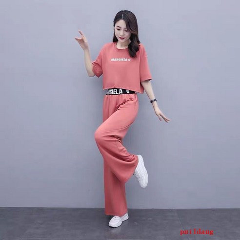 여름 패션 캐주얼 넓은 다리 바지 정장 여성의 기질 슬림 짧은 소매 스포츠 투피스 세트