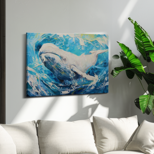 아트앤코 돈 들어오는 고래 캔버스 그림 75x50cm 풍수지리 인테리어 대형 액자, AT3112 역동의 파도와 거대한 흰 고래