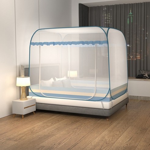 몽골 가방 모기장 설치 면제 2인용 가정용 1.8m 침대 두꺼운 암호화 더블 스위치 모기 방지 지퍼 접을 수 있다, 스트라이프 블루