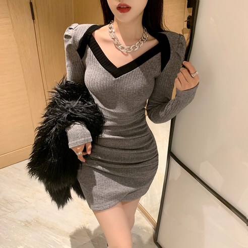 브이넥 긴팔 원피스 순욕 걸스 시크 디자인감각 고퀄리티 작은 키 이너웨어 여성 봄 3974359252