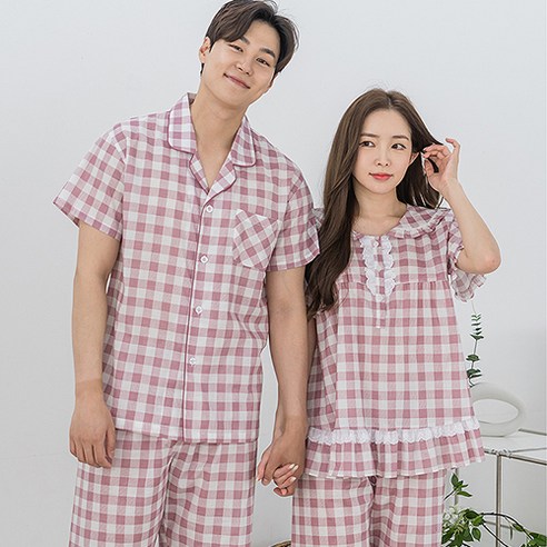 이라인 국산 컨츄리체크 반팔 상하잠옷 커플잠옷 (1532)