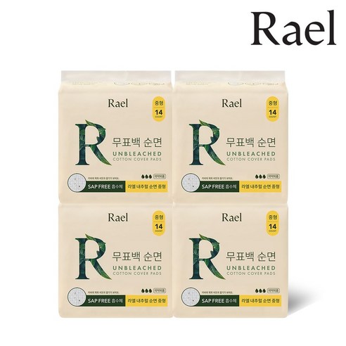 라엘 무표백 순면 생리대 중형14p X 4팩, 중형, 14개입, 4개