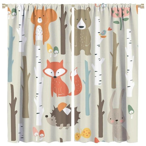 Cartoon Animals Blackout Window Curtains Cute Woodl Bunny Bear Fox Animal Fest Printed Teens Boys Gi, Style-6_W42*L45in