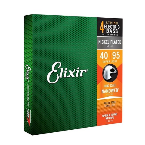 엘릭서 나노웹 니켈 45-105 라이트/미디엄 4현 베이스 기타줄, 4줄 세트, 스트링, Medium, Long Scale (.050-.105)
