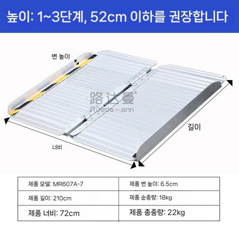 접이식 진입판 휠체어 휴대용 계단 경사로 장애인 오토바이 경사판 문턱 발판, 212.5x72cm