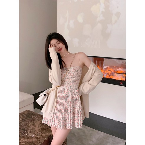 나시 원피스 여 가을 허리밴딩 a라인 플리츠 스커트