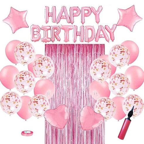 생일 파티 풍선 + 손펌프 + 풍선테이프 세트, 01 해피벌스데이 핑크, 1세트