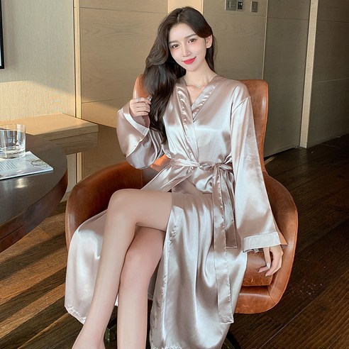 DFMEI-Y 가을 겨울 잠옷 여성 얼음 실크 긴팔 들러리 아침 가운 신부 웨딩 여성 호텔 목욕 가운, DFMEI B22 # 샴페인 실크 긴 소매, M