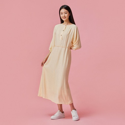 [JAJU/자주] 여 소매 셔링 허리끈 원피스_옐로우