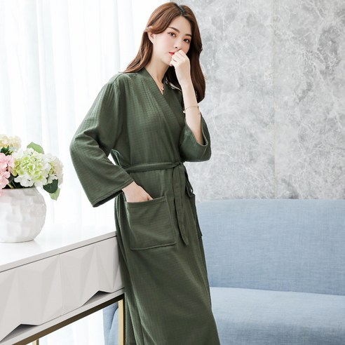 DFMEI 봄여름 면 가운 여 얇은 와플 가운 빅 사이즈 커플 가운 온천 가운, 육군 녹색 여성, M은 125개 미만의 고양이에 적합합니다.