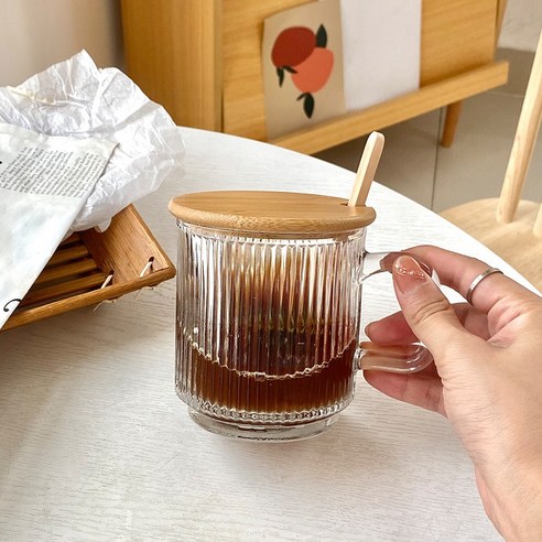 DFMEI 뚜껑이 달린 손잡이가 달린 유리 컵 스푼 물 컵 고가 가정용 우유 커피 컵, DFMEI 투명 350ml [컵 + 뚜껑 + 나무 숟가