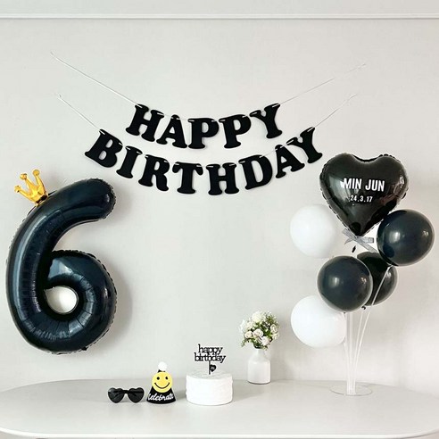 연지마켓 생일가랜드 생일 파티 용품 세트 숫자 하트 풍선 (자유레터링), 6, 1세트, 블랙