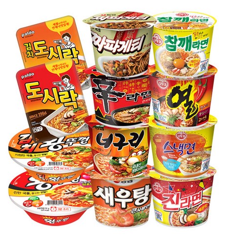용기컵라면 12종 농심(신라면+너구리+새우탕+짜파게티)+오뚜기(진라면매운+스낵면+열라면+참깨)+팔도(왕뚜껑+김치왕뚜껑+팔도도시락+김치도시락), 1세트
