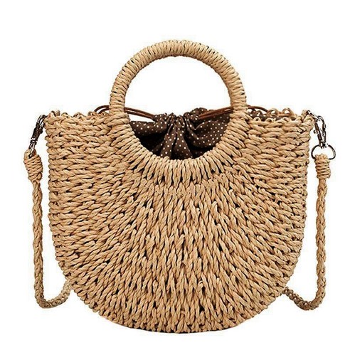 밀짚 짠 가방 수제 등나무 짠 빈티지 레트로 짚 밧줄 니트 여성 크로스 바디 핸드백 반지와 신선한 여름 해변 가방