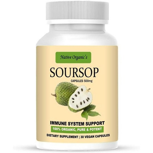 NativeOrganic 그라비올라 500mg Soursop 식물성30캡슐, 기본, 30개