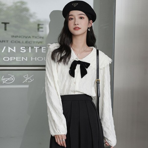 DFMEI 화이트 긴팔 셔츠 칼라 봄 가을 디자인 틈새 한국어 스타일 느슨한 프랑스 스타일 세련된 셔츠