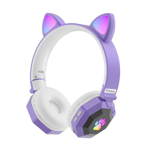 MAGIC 무선이어폰 귀여운 고양이 귀 블루투스 5.0 이어폰 RGB 스테레오 음악 헬멧폰 마이크폰, Lavender, 하나