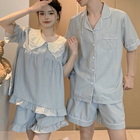 [러빙리] 죠이체크커플 여름 반팔 파자마 원피스 잠옷 홈웨어 상하세트