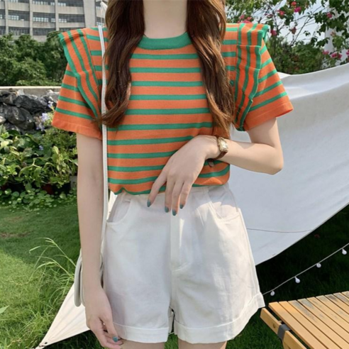 패션디바 3449-2 여성용 예쁜 윙소매 스트라이프 반팔 니트