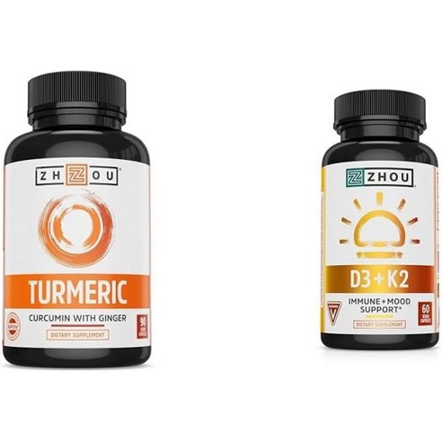 ZHOU Turmeric Curcumin Ginger Bioperine Antioxidant Joint Comfort Mobility Non-GMO 30 Servings Veggi, 30 Servings + Vitamin D3 K2