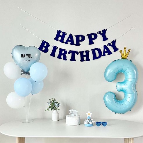 연지마켓 생일가랜드 생일 파티 용품 세트 숫자 하트 풍선 (자유레터링), 3, 1세트, 블루