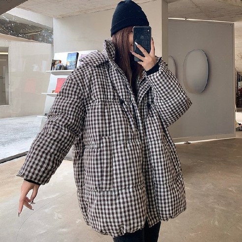 코튼 패딩 의류 겨울 격자 무늬 면화 패딩 의류 여성 중간 길이 한국어 스타일 두꺼운 작은 빵 코트