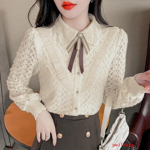 두꺼운 레이스 바닥 셔츠 가을/겨울 칼라 긴 소매 셔츠 블라우스 추가