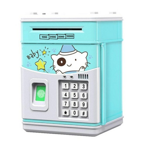 fooi NEW 지문인식 사운드 ATM 저금통 지폐 저금통 미니금고, 블루 곰