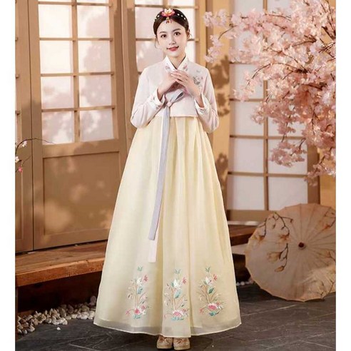 여자 한복 하늘색 분홍색 학생 청소년 여성 추석 여행