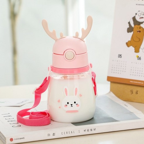 플라스틱 빨대 컵 넘어짐 방지 새지 방지 주전자 멜빵 양용 아기 물컵 마시기, 핑크/핑크, 400ML