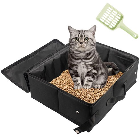 가이하다 고양이 캠핑 휴대용 방수 접이식 모래 화장실+모래삽 1세트, 블랙 화장실+그린 모래삽