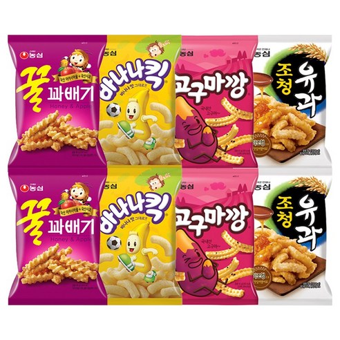[조한스토어] 농심 꿀꽈배기 + 바나나킥 + 고구마깡 + 조청유과 2개 묶음 세트 스낵 모음 봉지과자, 8봉, 688g