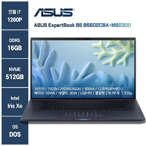 아수스사무용노트북 B5602CBA-MB0300, ASUS B5602CBA-MB0300, Free DOS, 16GB, 512GB, 블랙